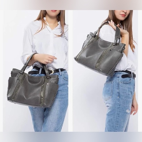 New Realer Gray Large Capacity Shoulder Bag/Tote Studded Details - Picture 12 of 16